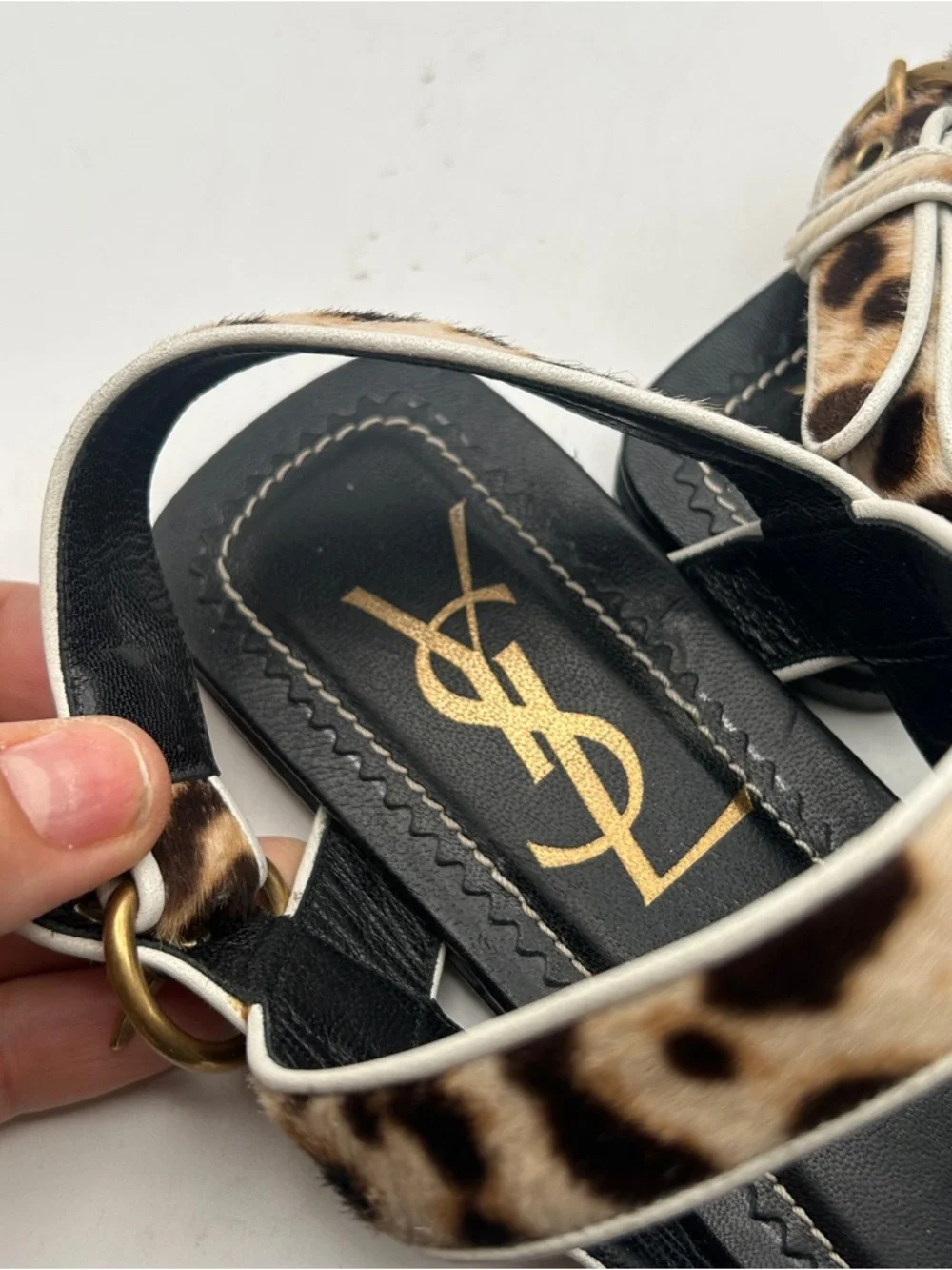 Womens YSL Leopard Calf Hair Sandals Flat Strappy Square Toe Italy 40 luxury - Picture 12 of 13